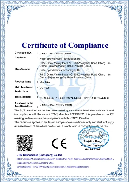 Mini Bike EN71 Certificate