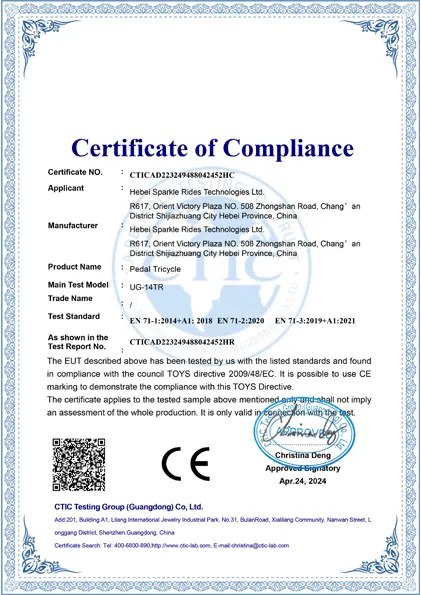 Pedal Tricycle EN71 Certificate