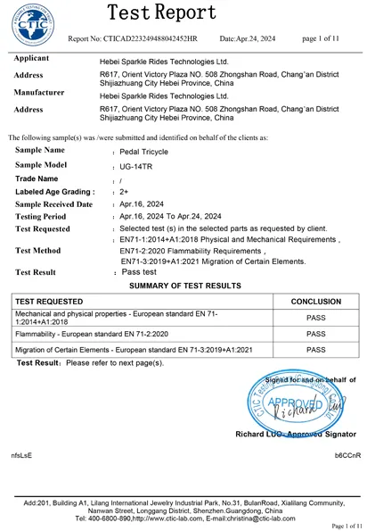 Pedal Tricycle EN71 Report