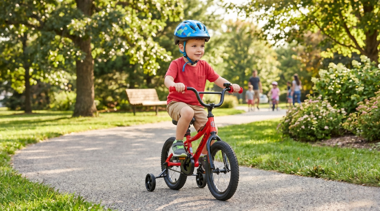 child riding a bike with training wheels